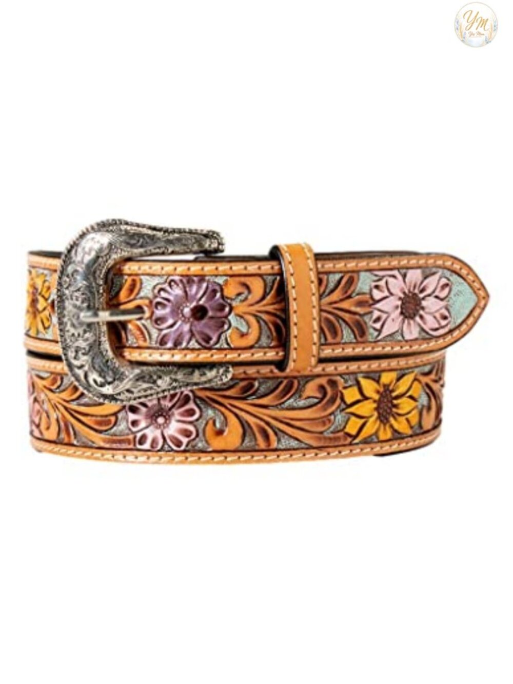Genuine Leather Floral Embossed Western Belt Women's Oval Buckle